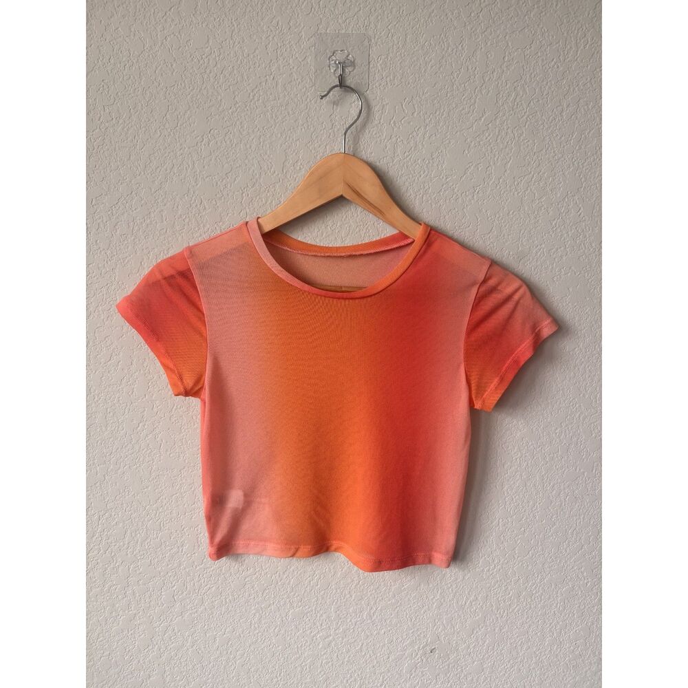 Aerie XS Sheer Mesh Baby Tee Orange Pink Abstract Print Crop Top Y2K